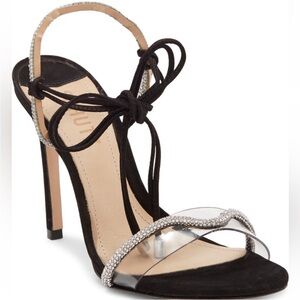SCHUTZ Black and Silver Strappy Heels Cath Rhinestone